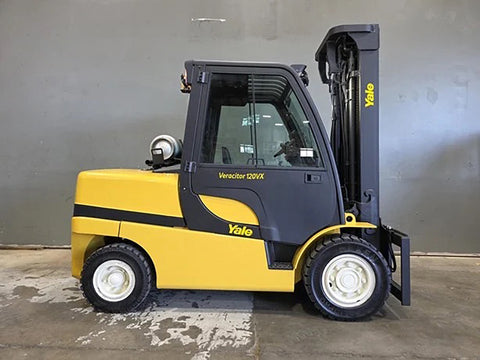 2023 YALE GLP120VX 12000 LB LP GAS FORKLIFT PNEUMATIC 109/221" 3 STAGE FULL FREE LIFT MAST SIDE SHIFTING FORK POSITIONER ENCLOSED CAB 1214 HOURS STOCK # BF9325799-ILE